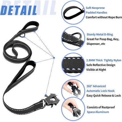 Heavy Duty Dog Leash- Nylon reflective dog leash with Soft Padded 2 Handle & Auto Lock Frog Clip Outdoor dog leash