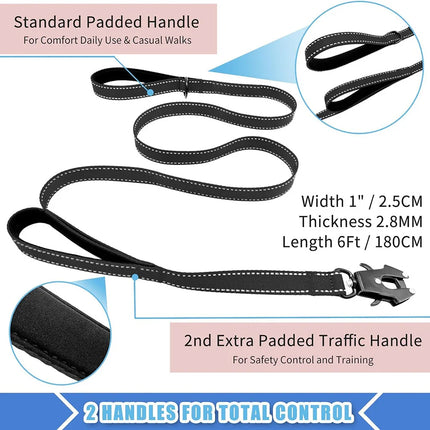 Heavy Duty Dog Leash- Nylon reflective dog leash with Soft Padded 2 Handle & Auto Lock Frog Clip Outdoor dog leash